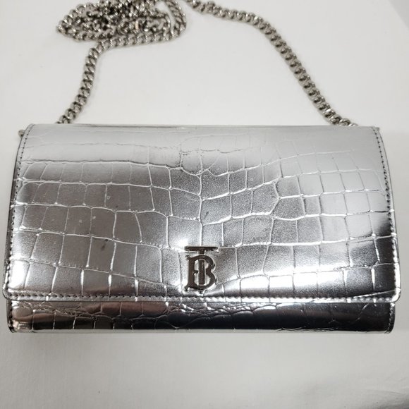 Burberry Hannah Wallet on Chain Crocodile Embossed Leather - Metallic Silver - Picture 5 of 9